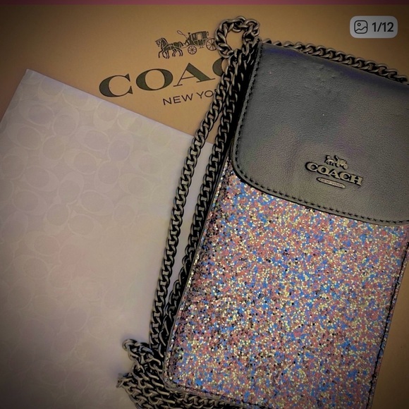 Coach Handbags - COACH NWT Glitter Navy Cell Phone Purse Holds Lge Cell CC Slots Chain Gift Box